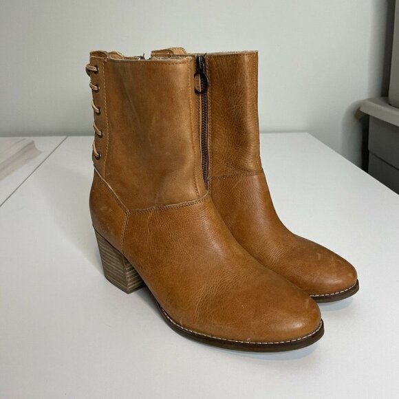 LaTigo Cognac Brown Leather Boots Size 6.5 Lace Up Back - Picture 1 of 5